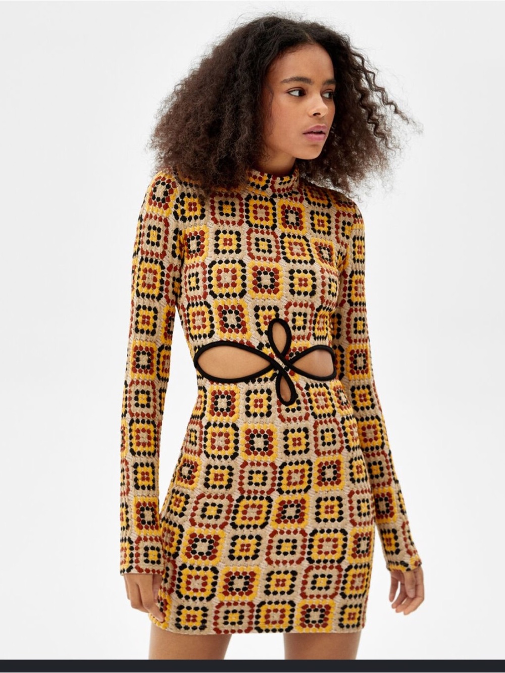 Bershka Yellow Multi Geometric Cutout Long-Sleeve Dress